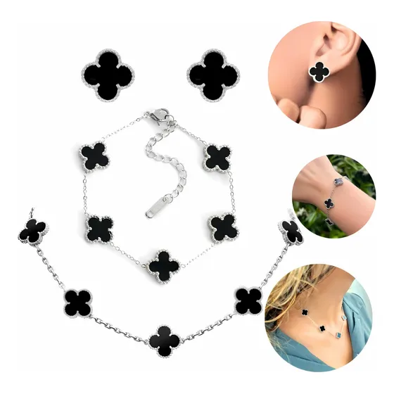 Kit Conjunto Colar Choker Pulseira E Brincos Trevo Virgínia