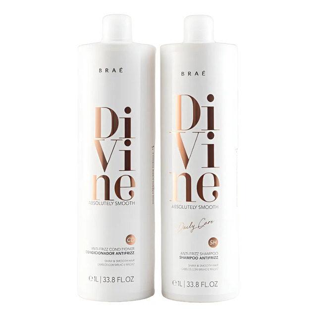 Kit com duas garrafas de 1 litro de shampoo e condicionador Braé Divine na cor branca