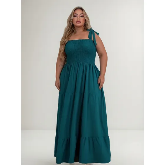 Vestido Longo Plus Size Alças De Amarrar E Lastex Soltinho B