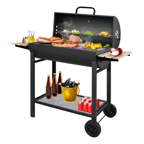 Parrilla Asado Carbon Quincho Grill Bbq 71 cm Movil Doble mesa con Ruedas Color Negro