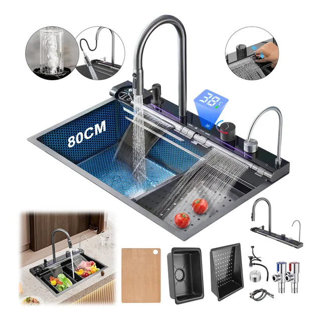 Fregadero de cocina Tarja 80 x 45 x 22cm Cascada Acero Inoxidable 304, Con luces LED, teclas de piano, dirección de flujo de cascada ajustable, Antiarañazos los Colores no Destiñen, Negro