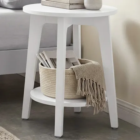 Mesa De Apoio Redonda, Criado-mudo Com Prateleira, Branco Branco