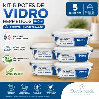 Jra Mix Kit 5 Potes Vidro Hermético 640ml Marmita Forno Micro-ondas TransparenteP