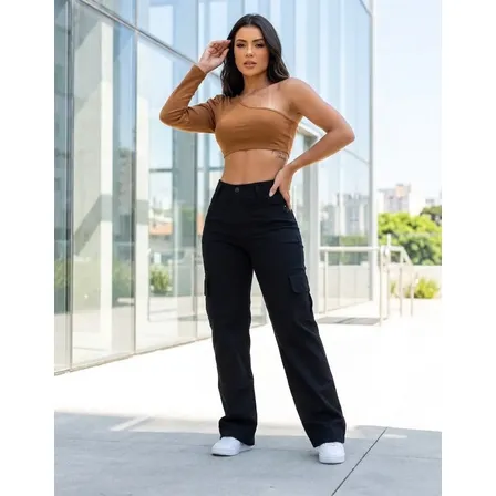 Calça Cargo Feminina Wide Leg Cintura Alta Jeans  Stillger