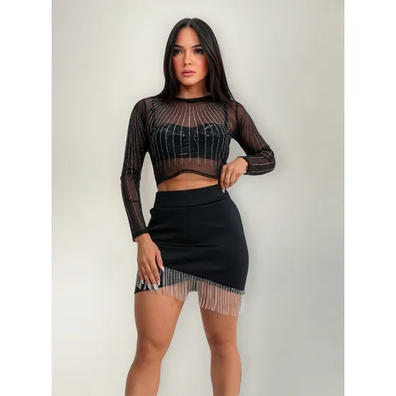 Saia Com Franja Strass Pedaria Feminina