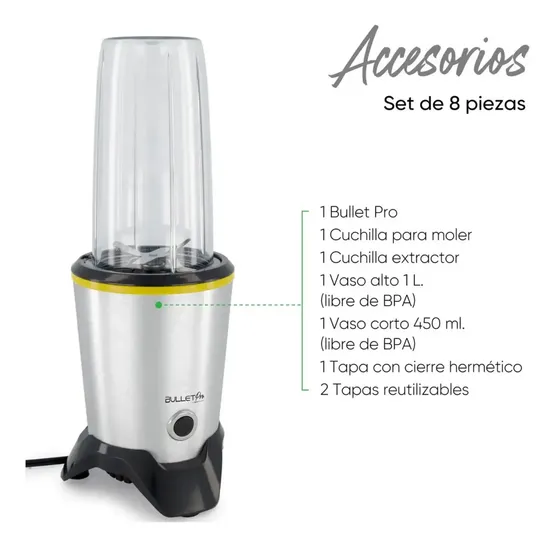 Licuadora Procesador De Alimentos Profesional Potentete 1200w Bulletpro Kit 8 Pz Batir, Extraer Y Moler Con Vasos De Tritan Hasta 1 Litro
