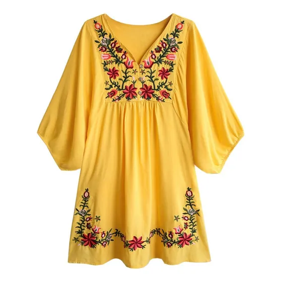 Vestido De Verano Kafeimali Con Cuello En V Bordado Mexicano