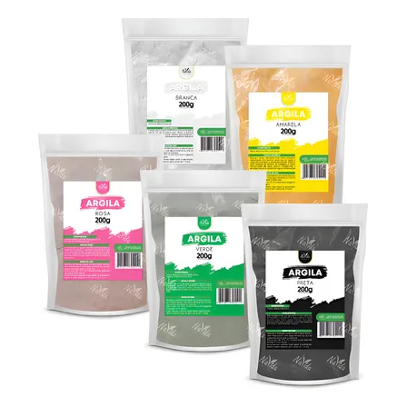 Kit 5 Argilas (branca, Verde, Preta, Rosa E Amarela) 200g - Todo Tipo De Pele