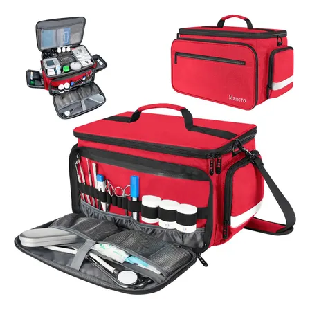 Bolsa De Primeiros Socorros Profissional Com Múltiplos Compartimentos, Bolsa Médica Portátil Impermeável Com Alça Tiracolo Removível Para Clínicas, Enfermagem E Uso Residencial, Mancro 1232 Vermelha