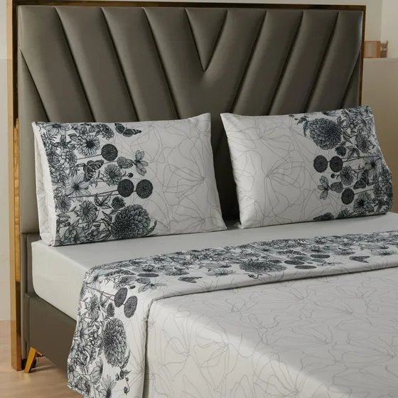 Juego Sabanas Estampadas Ultra Suave +funda Almohada Casatua Color 2 Plazas - Flores Gris Diseño de la tela Liso