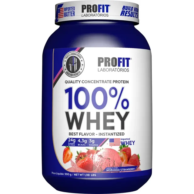 Whey Concentrado 100% com Creatina e BCAA Profit 900g sabor morango