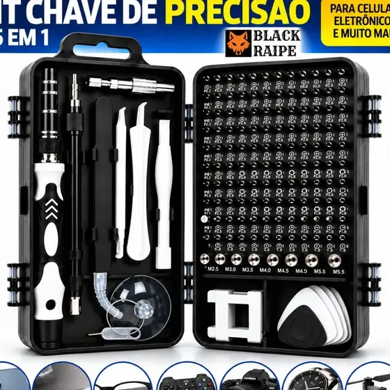 Kit Chaves De Precisão 115 em 1 Black Raipe, para Celular e Eletrônicos