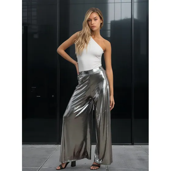 Pantalón Palazzo Brillo Foil Elastizado Fiesta Elegante