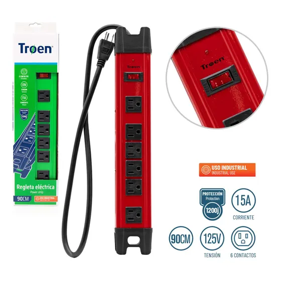 Regleta 6 Tomas Metal Industrial C/supresor Roja Troen