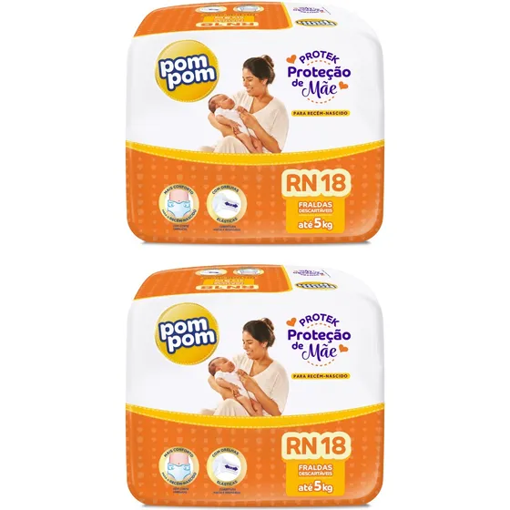 Kit 2 Fraldas Infantil Pom Pom Jumbinho Tamanho Rn C/ 18 Un