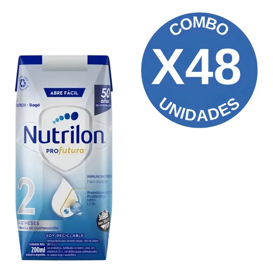 Nutrilon leche de fórmula líquida sin tacc nutricia bagó profutura 2 sabor neutro en caja pack de 48 unidades de 200g de 6 a 12 meses