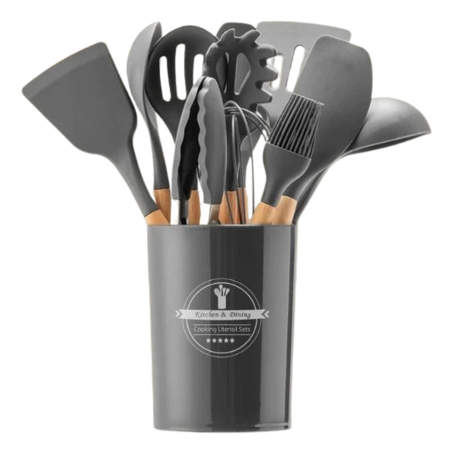 Kit 12 Utensílios De Cozinha Em Silicone E Cabo De Madeira Kit 12 Utensílios De Cozinha Em Silicone E Cabo De Madeira