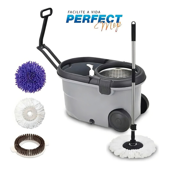 Balde Esfregão Perfect Mop Move 3 Refis Com Roda E Alça Cor Cinza Balde Esfregão Perfect Mop Move 3 Refis Com Roda E Alça Cor Cinza
