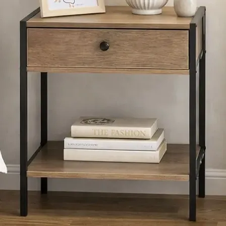 Mesa de Luz Jazak Industrial con Cajón y Estante, de MDF y Metal Negro