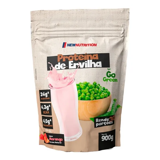 Proteína da Ervilha Sabor Morango em Sachê de 900g Suplemento em Pó NewNutrition Pea Protein Vegetal 100% Vegano e Natural