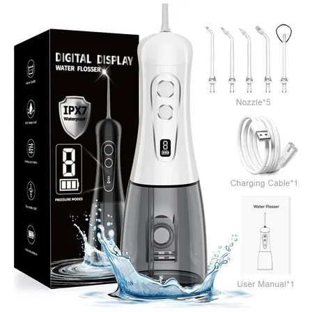 Irrigador Oral Portátil Ipx7 De 400ml Com Jato Forte Pulsado 8 Modos, 5 Bicos,Bivolt Para Limpeza Bucal E Prótese Dentária Branco