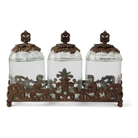 3 Bote Cristal Moldeado Base Hoja Acanto Color Marron