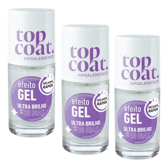 Kit 3 Top Coat Blant Hipoalergenico Efeito Gel 10 Dias Vegan