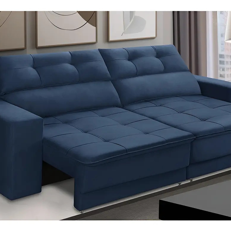 Sofá Retrátil e Reclinável 3 Lugares 1,90m com Molas Emily Suede Azul Adonai Estofados
