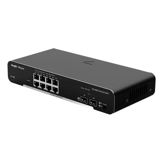 Switch gerenciável Ruijie PoE de camada 2 RG-NBS3100-8GT2SFP-p 8 Gigabit Poe 802.3af/at + 2 portas Sfp para fibra 1 GB Gerenciamento gratuito da nuvem 125w Sem necessidade de controlador