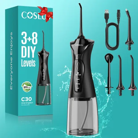 Coslus Irrigador Bucal, Irrigador Dental Profesional Con 4 Boquillas, 4 Modos, Tanque De Agua De 300 Ml, Ipx7... Negro