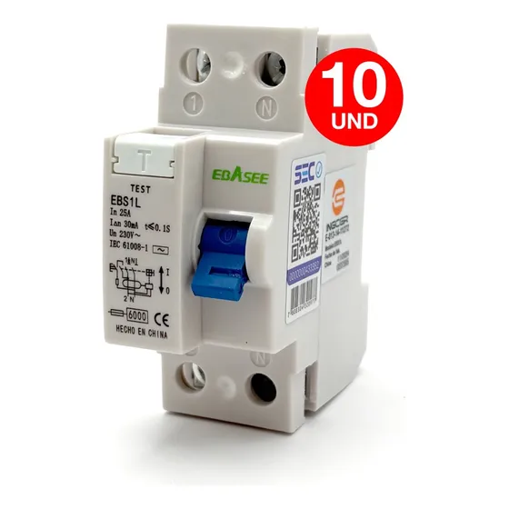 Pack 10 Interruptor Diferencial Ebasee 2x 25a C 30ma Sec