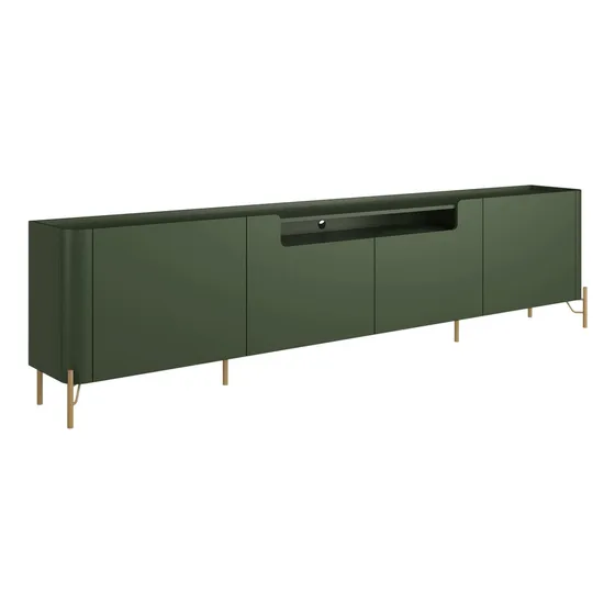 Rack Com 4 Portas Lisas 220cm Para Sala 100% Mdf Pés Metal Cor Musgo Com Dourado