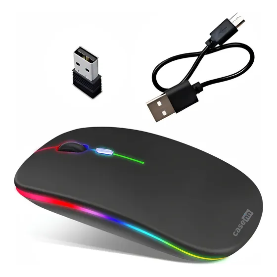 Mouse Sem Fio Recarregável Wireless Led Rgb 2.4ghz Bluetooth Ergonômico Silencioso Para Pc Desktop Notebook Tablet Smartphone Casenn Preto