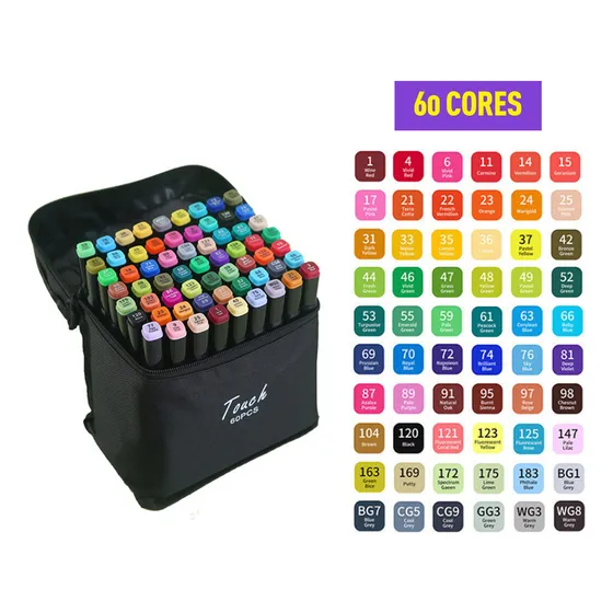 Conjunto Canetas Marcador Canetinha Ponta Dupla 60 Cores Kit