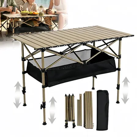 Mesa Dobrável Camping Altura Regulável Alumínio Com Bolsa Madeira Natural-120cm