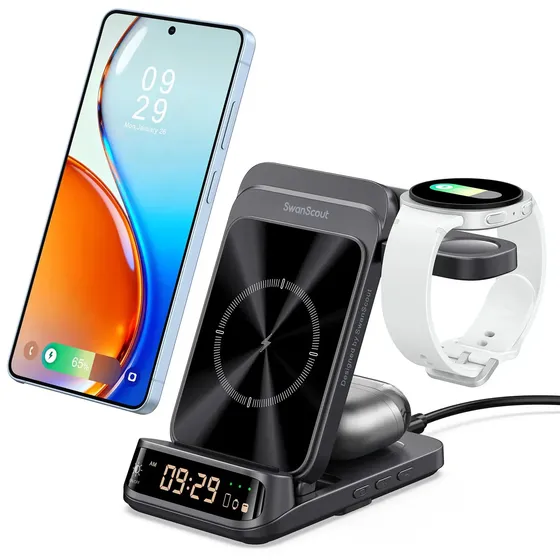 Estação de Carregamento sem Fio SwanScout 3 em 1 para Samsung Galaxy e Watch com Relógio LED