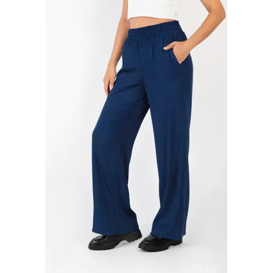 Pantalon Recto Ancho De Modal Con Elastico En Cintura Talles