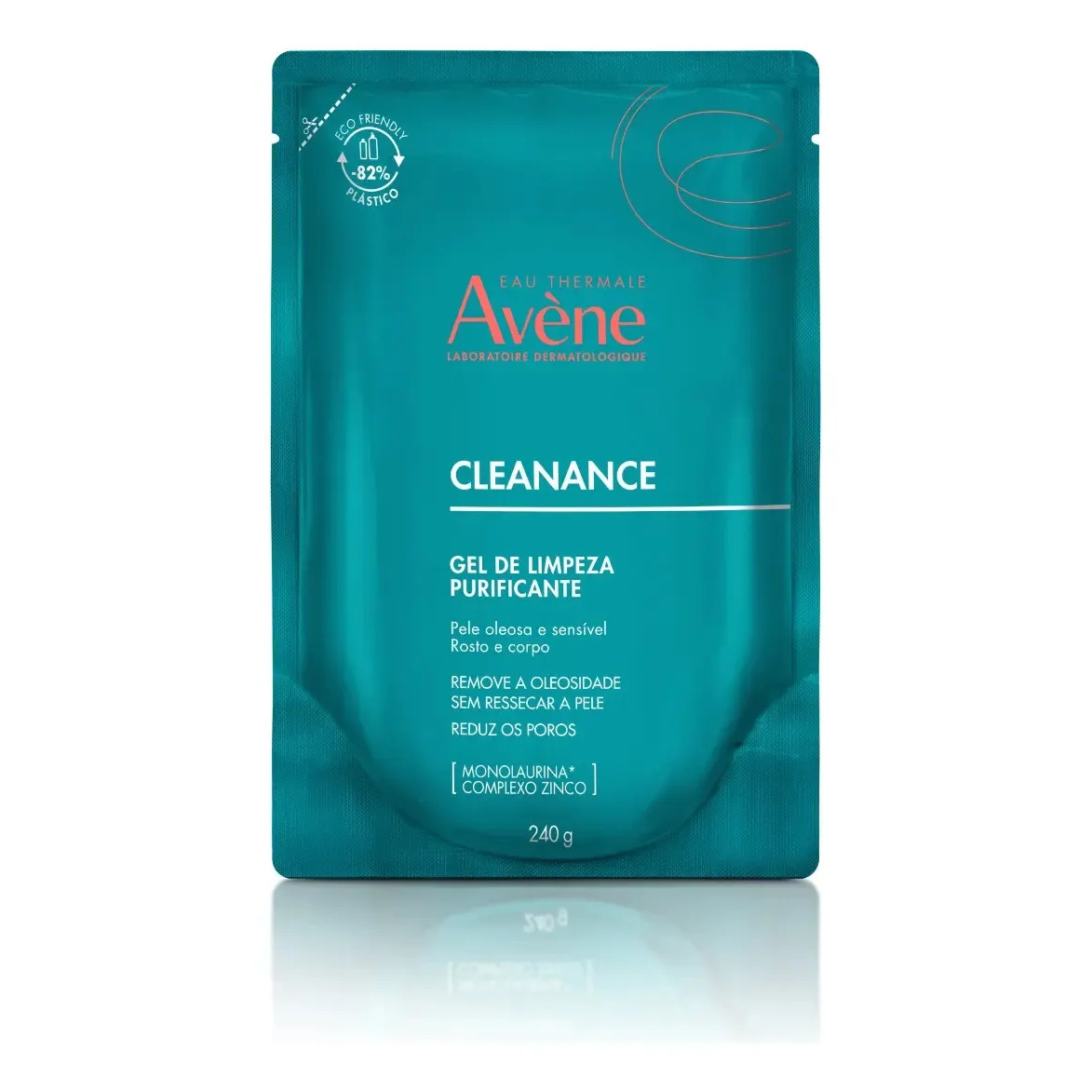 Embalagem refil do gel de limpeza facial Avène Cleanance de 240g na cor azul turquesa com informações sobre o produto e ativos