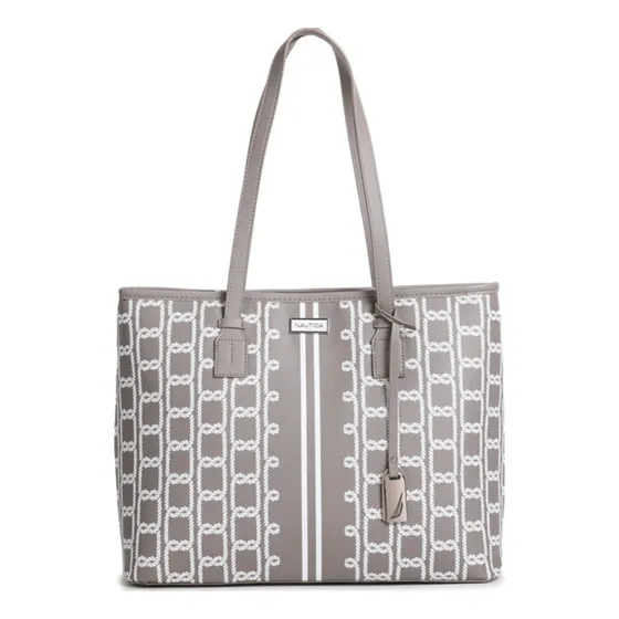 Bolsa Tote Marca Náutica Interior Amplio Acabado De Los Herrajes Níquel Color Gris Correa De Hombro Gris Diseño De La Tela Estampado Nautico