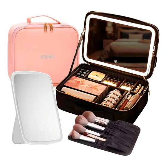 Maleta Maquiagem Profissional Necessaire Espelho Led Viagem Cor Rosa