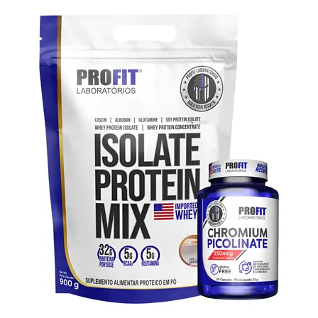 Kit Whey Isolate Protein Mix + Picolinato De Cromo Profit Morango 900g | Picolinato De Cromo 60 Cápsulas
