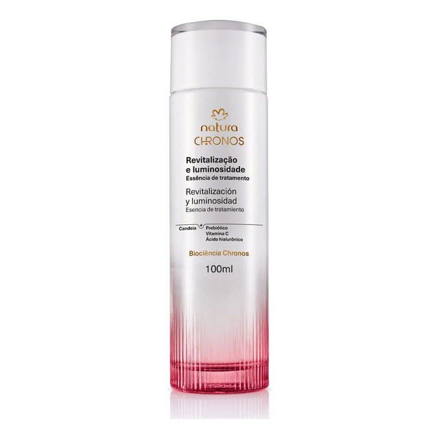 Frasco cilíndrico de 100ml da essência de tratamento Natura Chronos com tampa branca e base em degradê rosa, exibindo informações sobre revitalização e luminosidade.