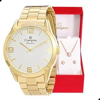 RelĂłgio Champion Feminino Dourado Kit Colar Brincos Original RelĂłgio Champion Feminino Dourado Kit Colar Brincos Original