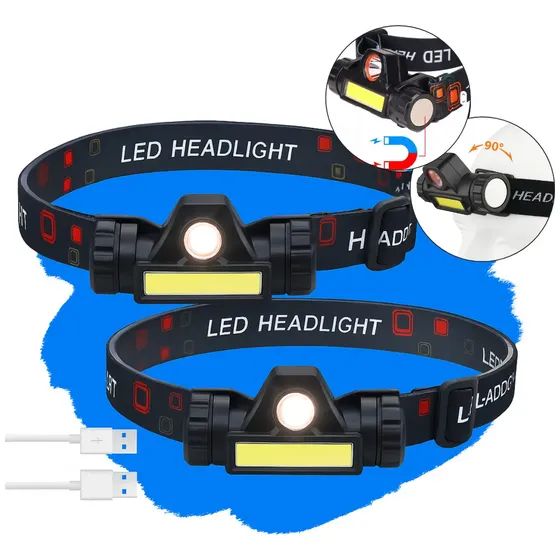 Kit com 2 Lanternas de Cabeça LED Recarregável USB para Camping e Pesca