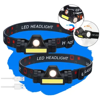 Kit 2 Lanterna Cabeça Testa Capacete Com Foco Recarregável Usb Ajustável Com Imã Resistente Água Led T6 + 1 Led Cob Forte Potente Cor Luz Branco Preto