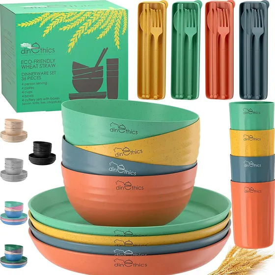 Wheat Straw Dinnerware Sets For 4 (36pc) Unbreakable Di...
