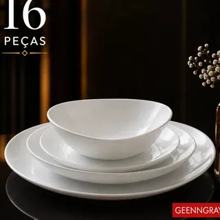Geenngray Aparelho Jantar 16 Peças Jogo Kit Branco Pratos Rasos Fundos Bowl e Sob