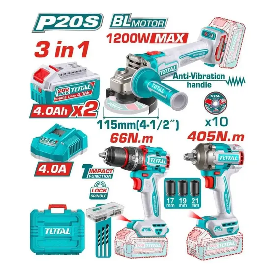 Kit Combo Taladro Amoladora 20v Llave De Impacto Total C Bat