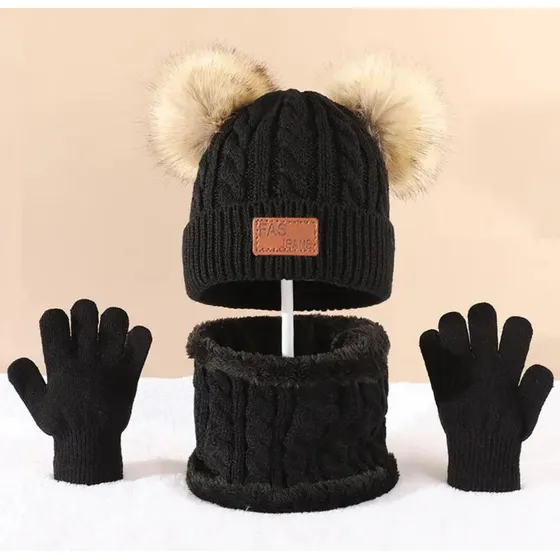 Conjunto De Tres Piezas Para Niños, Cuello, Guantes Y Gorro Color Negro Diseño de la tela Liso
