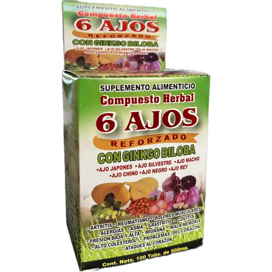 6 Ajos 3 Pz 100 Tabs Compuesto Herbal Ginkgo Biloba Ortiga Sabor Sin Sabor